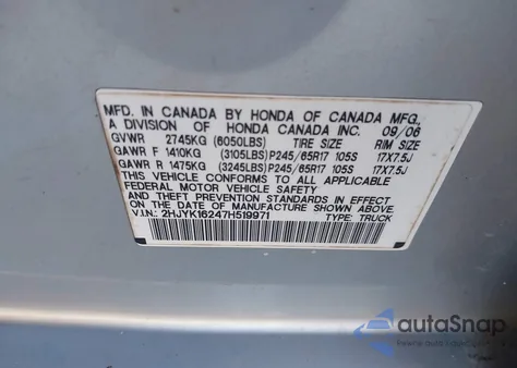 2007 Honda Ridgeline Rt z USA, uszkodzony, nr VIN 2HJYK16247H519971